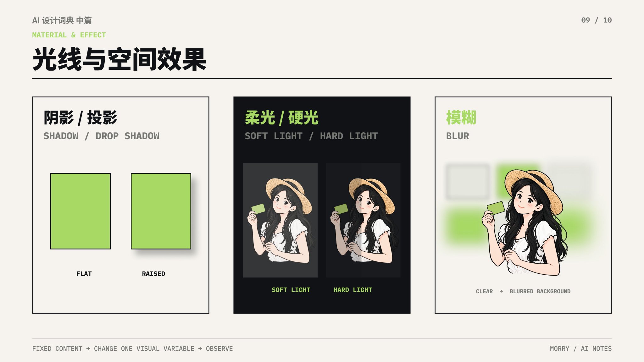 光影与材质反射｜投影（Drop Shadow）/ 柔光与硬光（Soft vs. Hard Light）/ 哑光与光泽（Matte vs. Glossy）