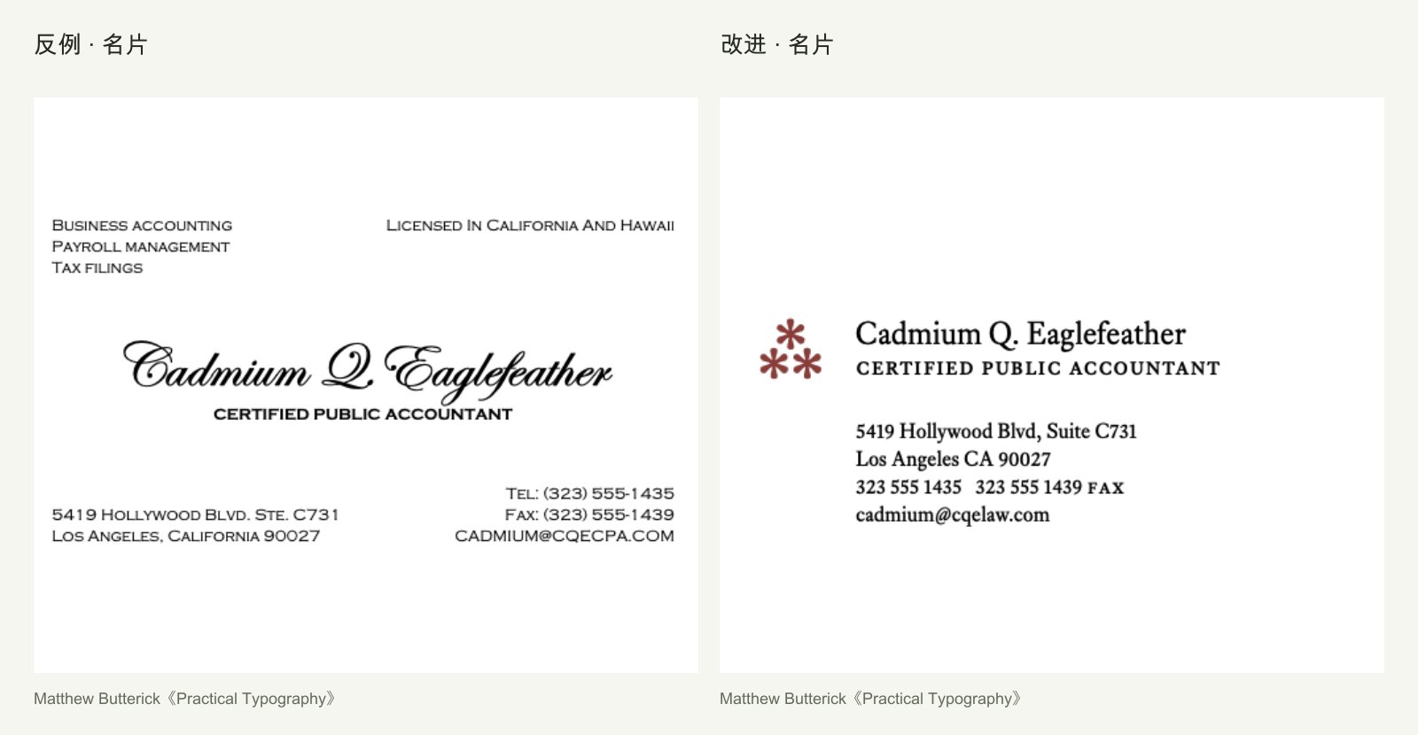 Matthew Butterick《Practical Typography》名片教学示例对比